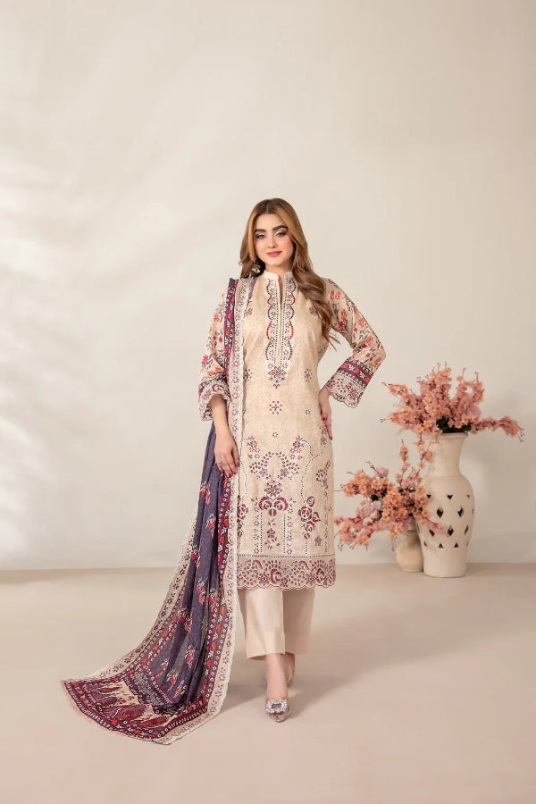 03-Piece Embroidered Printed Lawn Shirt With Cotton Trouser | Ready To Wear