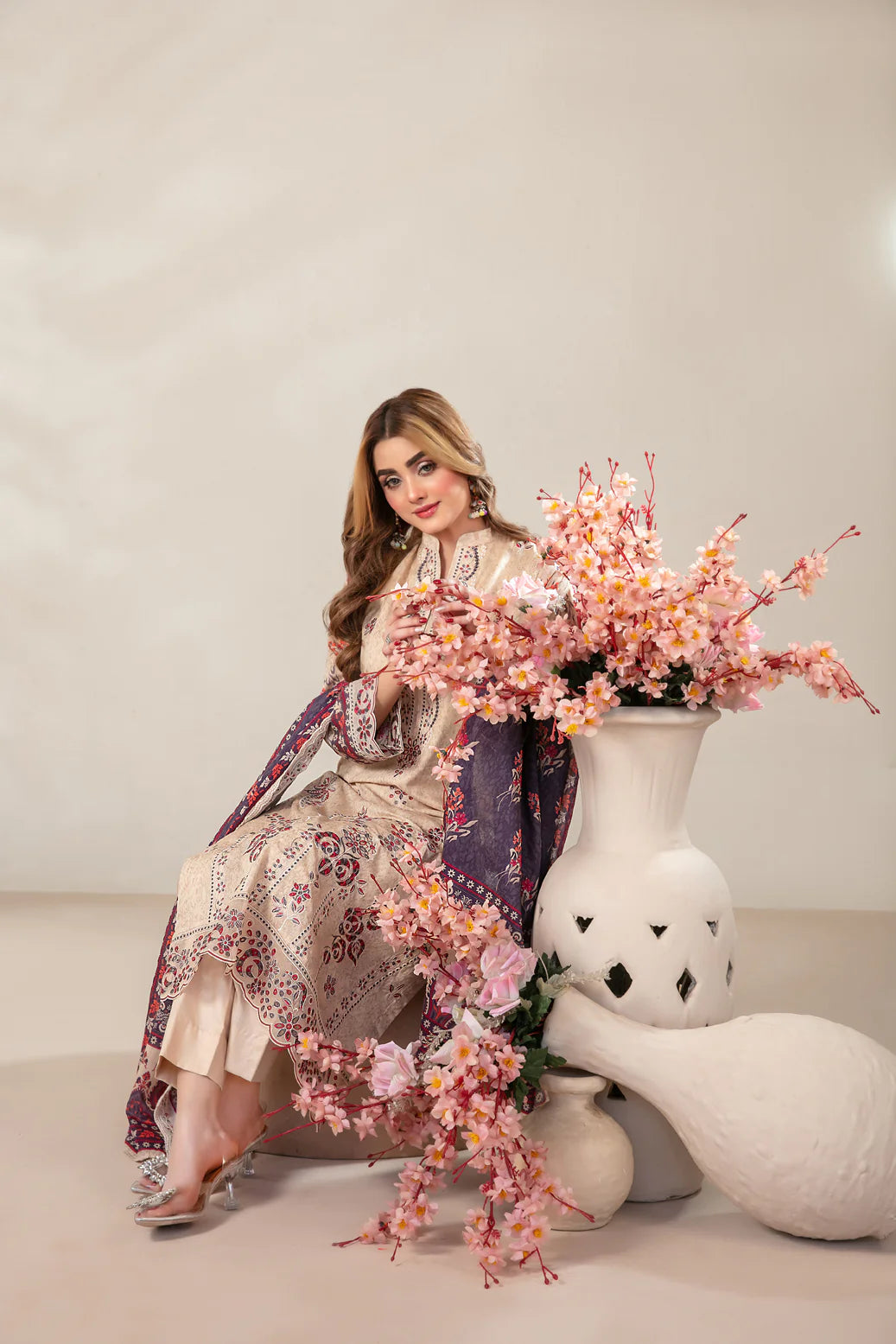 03-Piece Embroidered Printed Lawn Shirt With Cotton Trouser | Ready To Wear