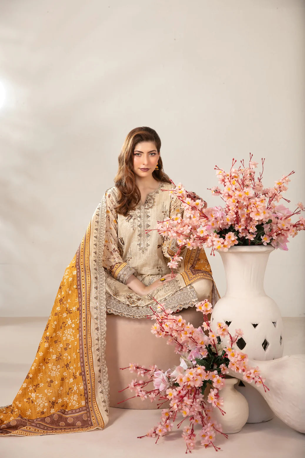03-Piece Embroidered Printed Lawn Shirt With Cotton Trouser | Ready To Wear