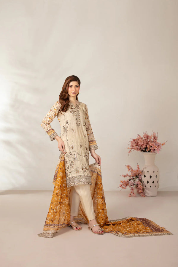 03-Piece Embroidered Printed Lawn Shirt With Cotton Trouser | Ready To Wear