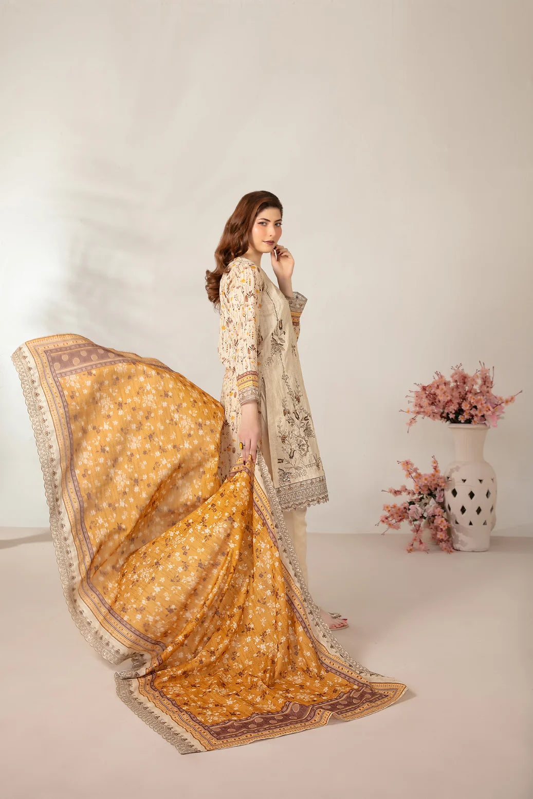 03-Piece Embroidered Printed Lawn Shirt With Cotton Trouser | Ready To Wear