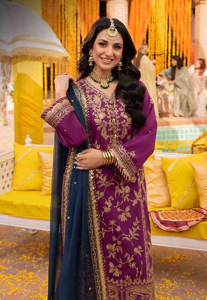 Grape Purple & Antique Gold: Embroidered Chiffon Suit