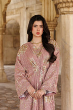 Rosewood Pink Kaftan Gown with Metallic Gold Work | Ready To Wear