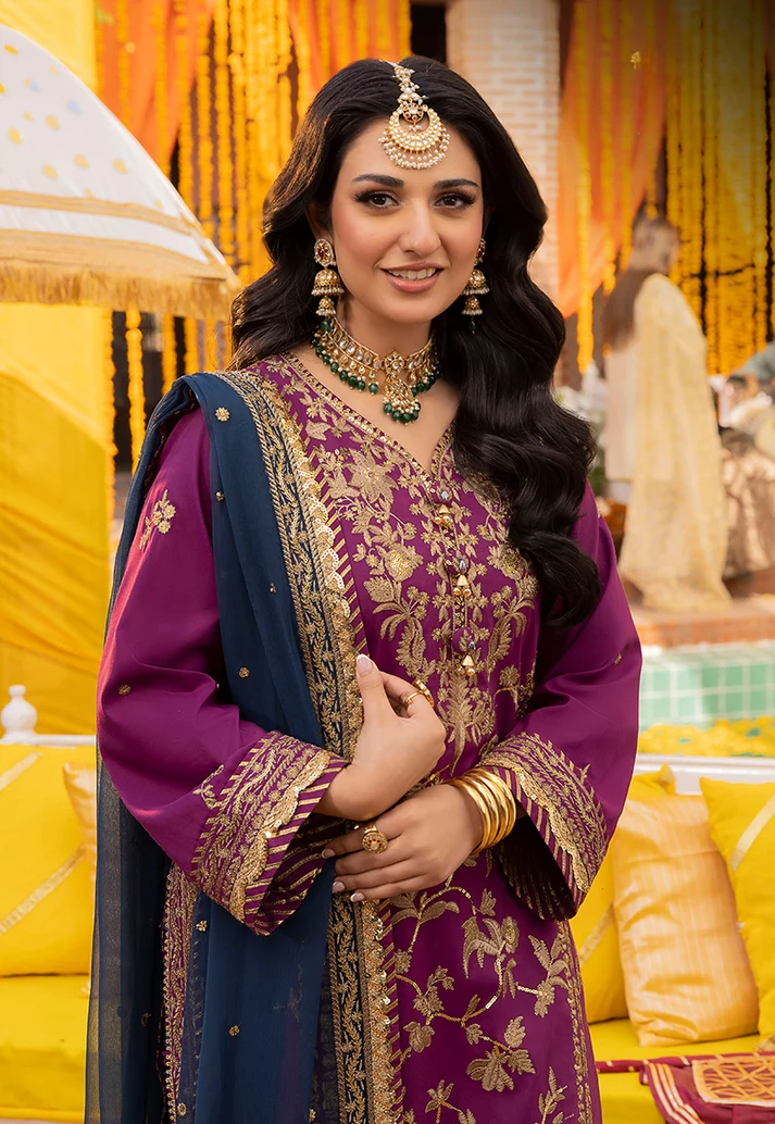 Grape Purple & Antique Gold: Embroidered Chiffon Suit
