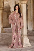 Rosewood Pink Kaftan Gown with Metallic Gold Work | Ready To Wear