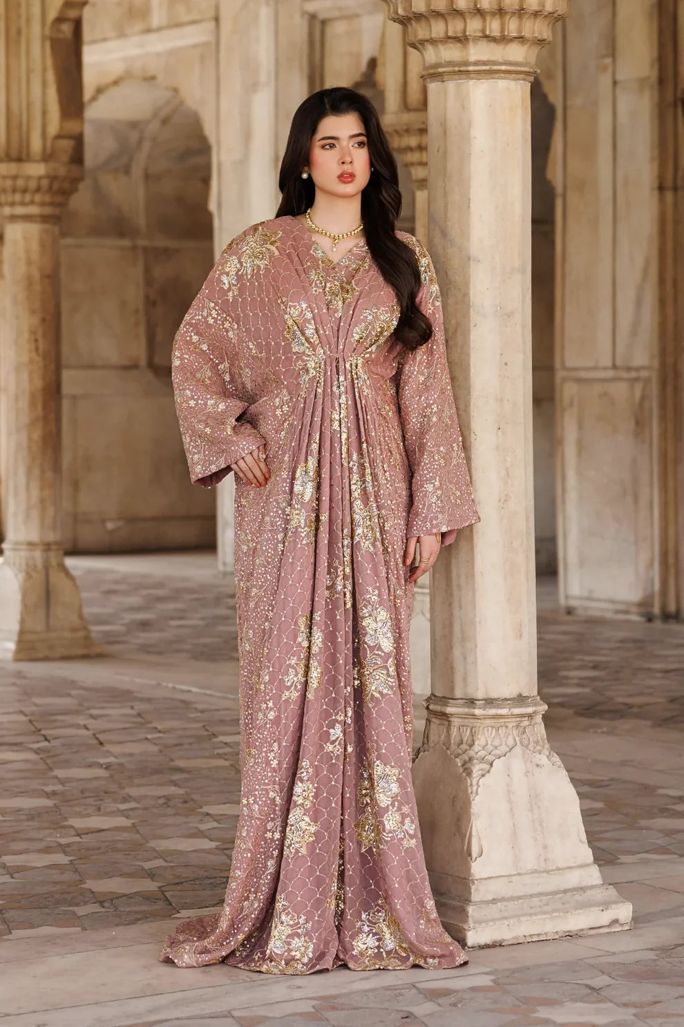 Rosewood Pink Kaftan Gown with Metallic Gold Work | Ready To Wear