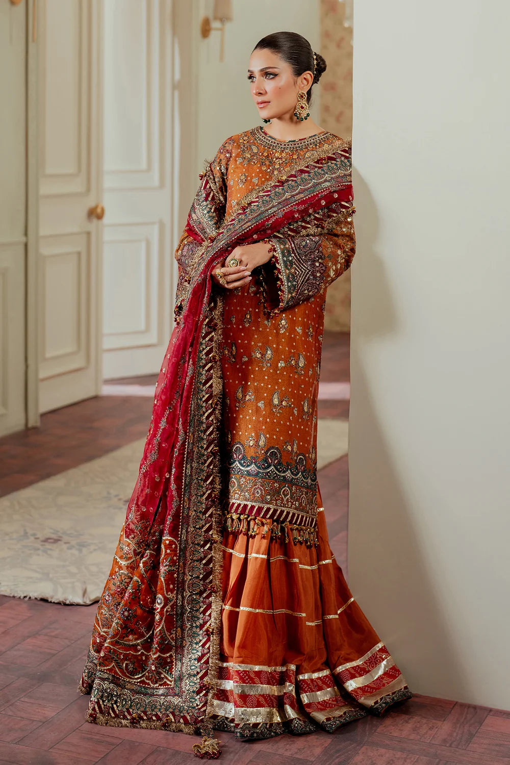 Rust Orange & Deep Maroon: Embroidered Chiffon Suit | Ready To Wear