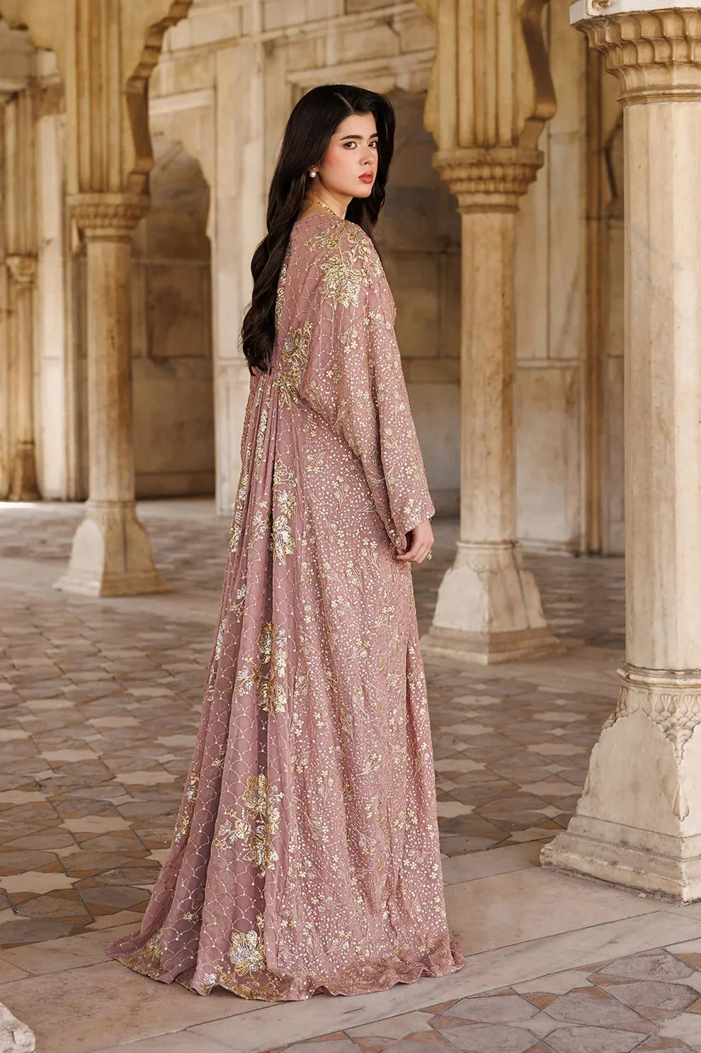 Rosewood Pink Kaftan Gown with Metallic Gold Work | Ready To Wear