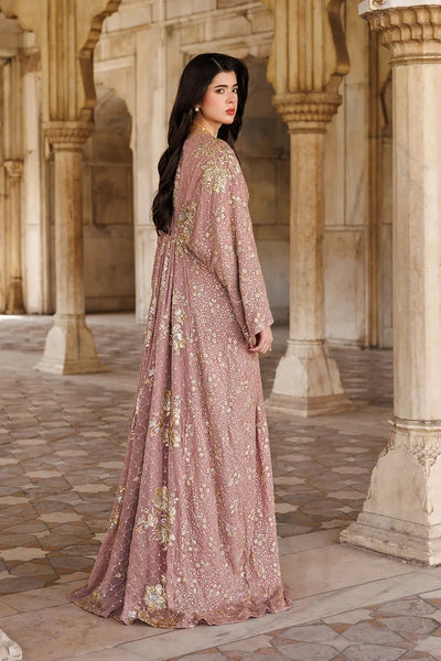 Rosewood Pink Kaftan Gown with Metallic Gold Work | Ready To Wear