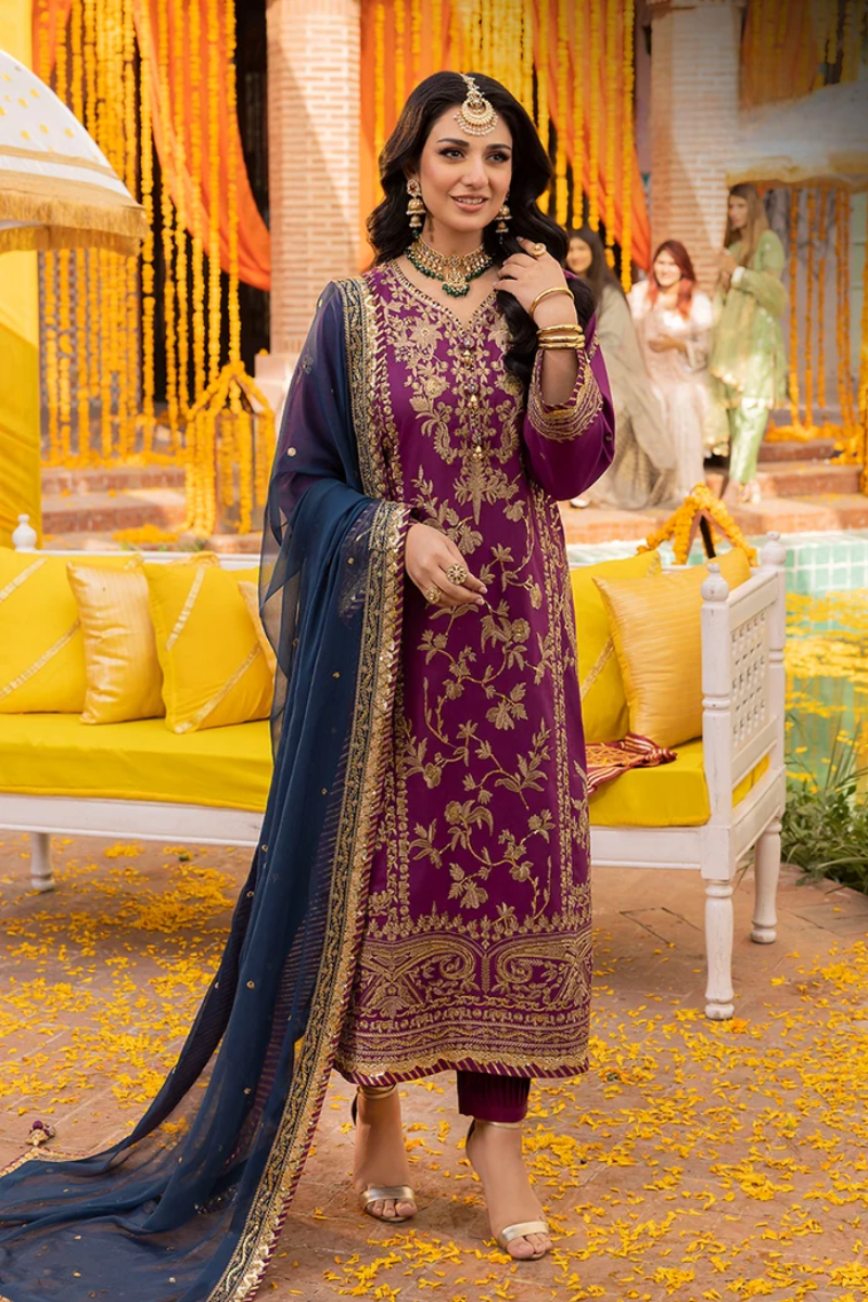 Grape Purple & Antique Gold: Embroidered Chiffon Suit
