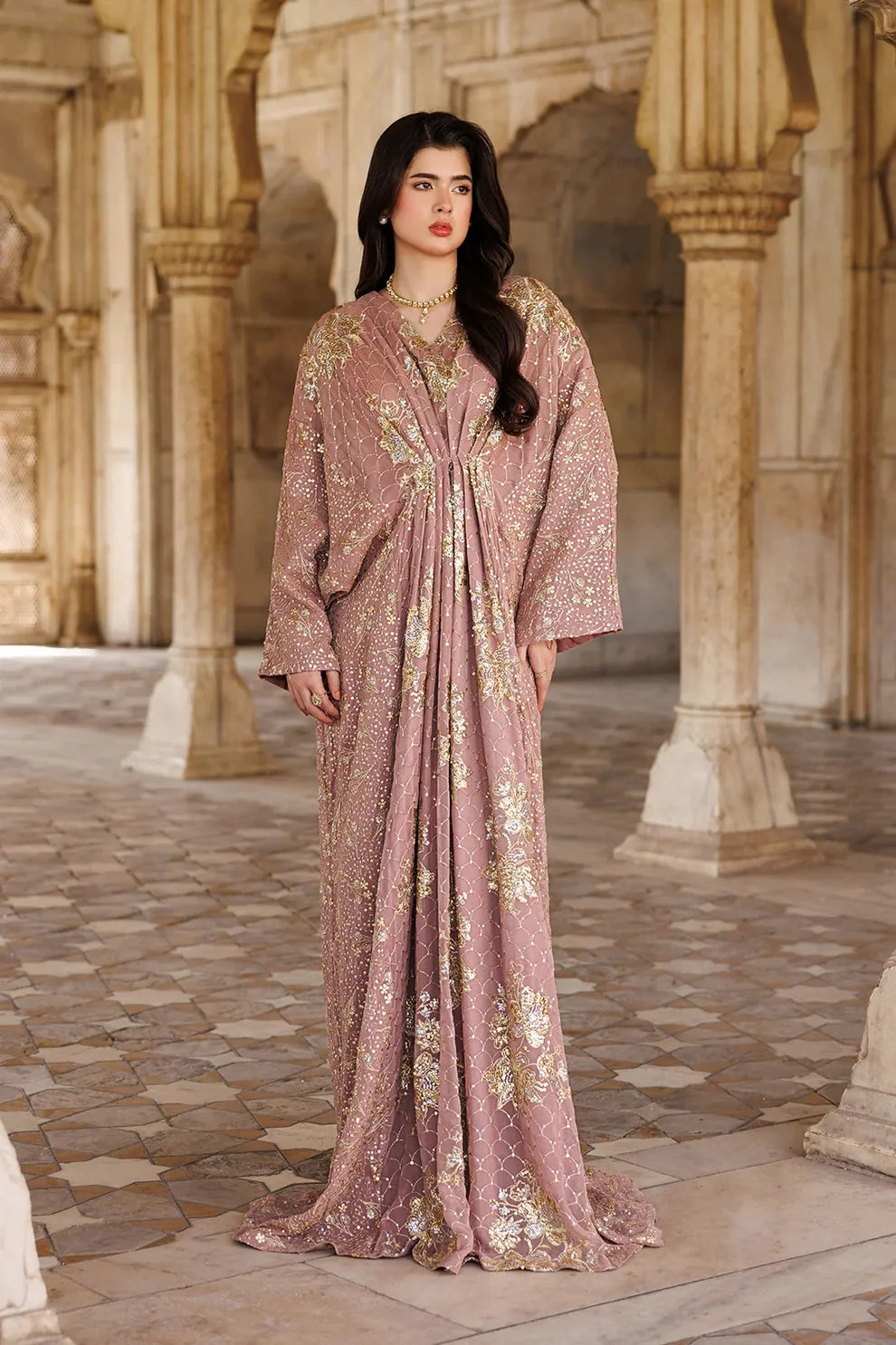 Rosewood Pink Kaftan Gown with Metallic Gold Work | Ready To Wear