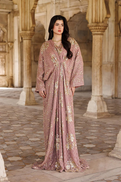 Rosewood Pink Kaftan Gown with Metallic Gold Work | Ready To Wear