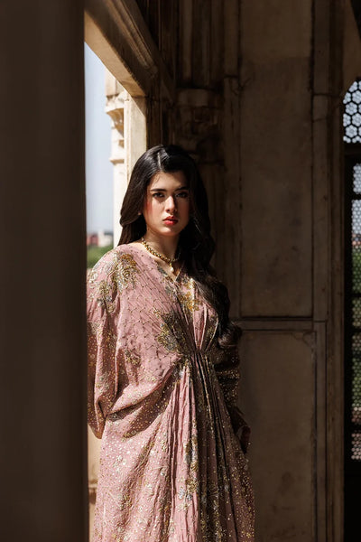 Rosewood Pink Kaftan Gown with Metallic Gold Work | Ready To Wear