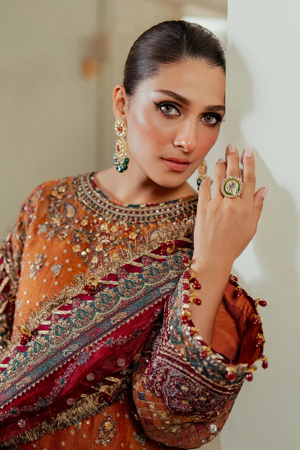 Rust Orange & Deep Maroon: Embroidered Chiffon Suit | Ready To Wear