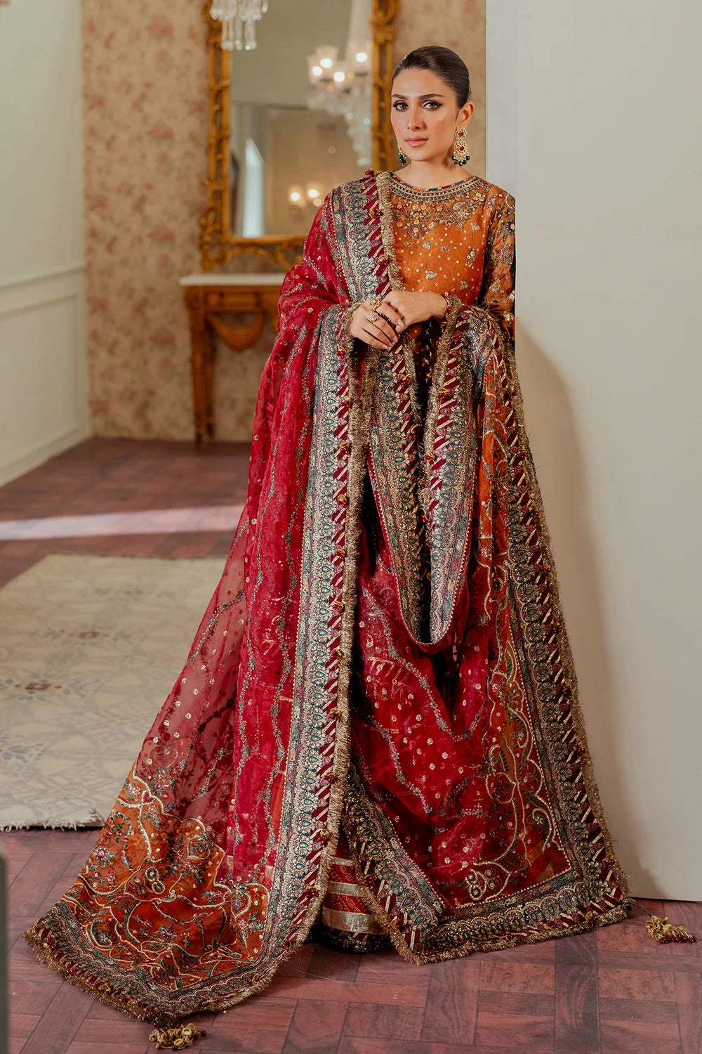 Rust Orange & Deep Maroon: Embroidered Chiffon Suit | Ready To Wear