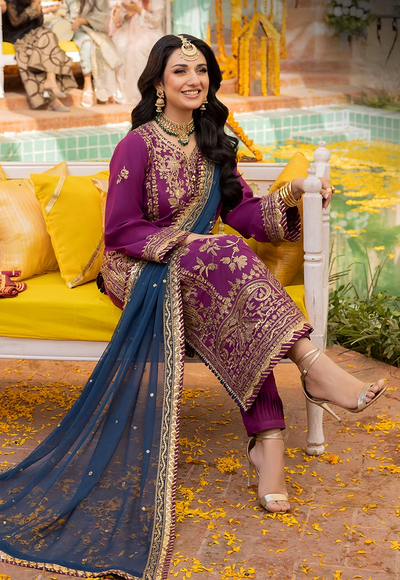 Grape Purple & Antique Gold: Embroidered Chiffon Suit