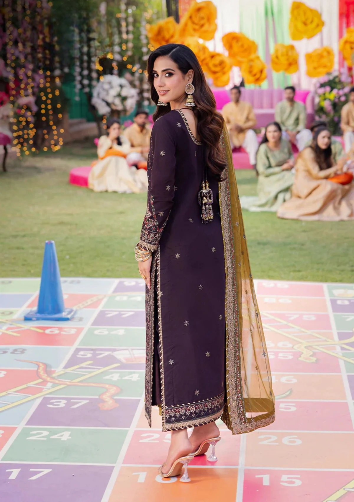 Deep Plum & Olive Gold: Embroidered Chiffon Suit | Ready To Wear