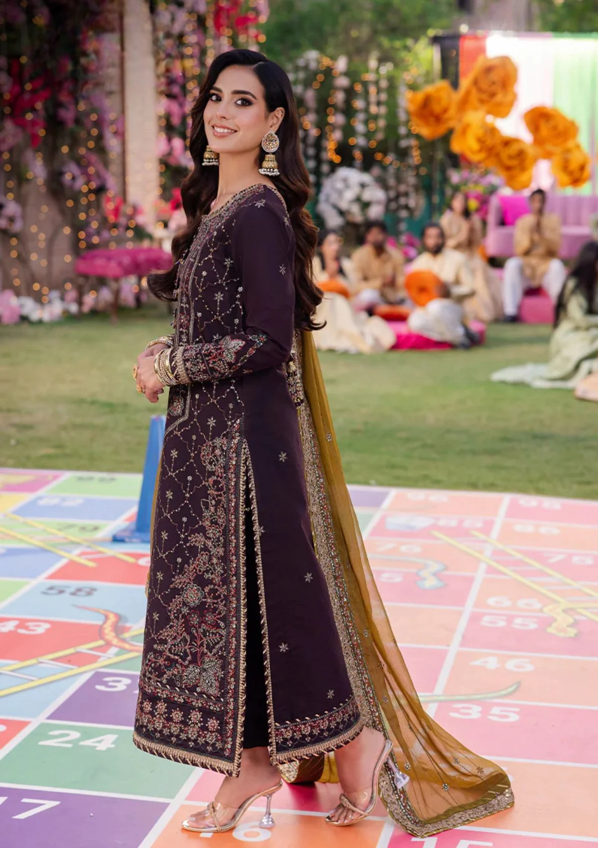 Deep Plum & Olive Gold: Embroidered Chiffon Suit | Ready To Wear