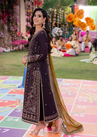 Deep Plum & Olive Gold: Embroidered Chiffon Suit | Ready To Wear