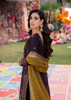 Deep Plum & Olive Gold: Embroidered Chiffon Suit | Ready To Wear