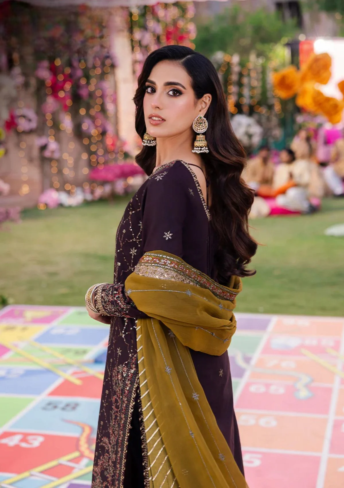 Deep Plum & Olive Gold: Embroidered Chiffon Suit | Ready To Wear