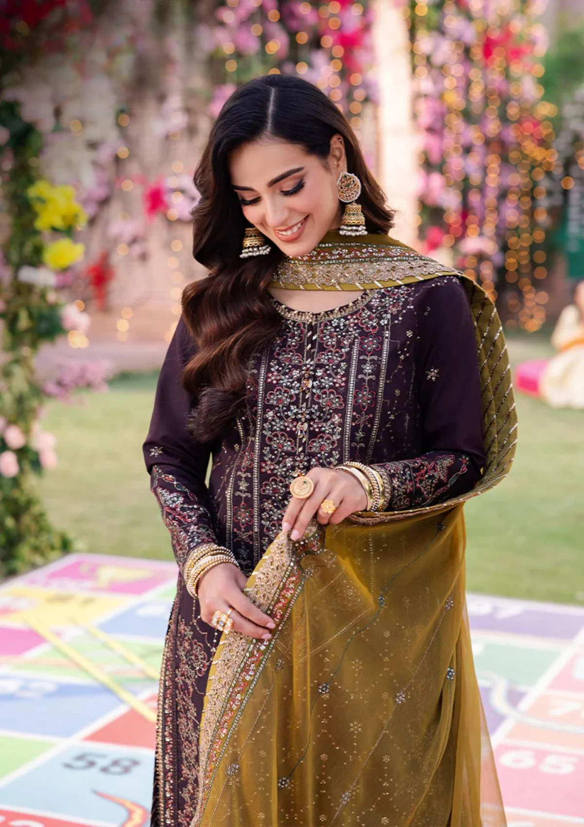 Deep Plum & Olive Gold: Embroidered Chiffon Suit | Ready To Wear
