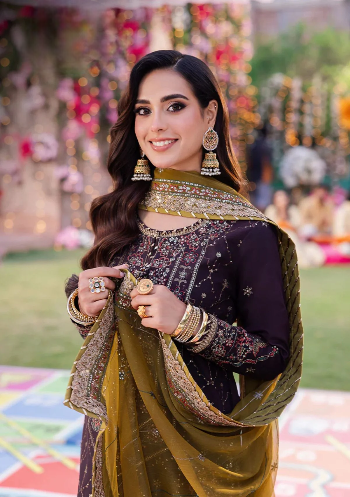 Deep Plum & Olive Gold: Embroidered Chiffon Suit | Ready To Wear