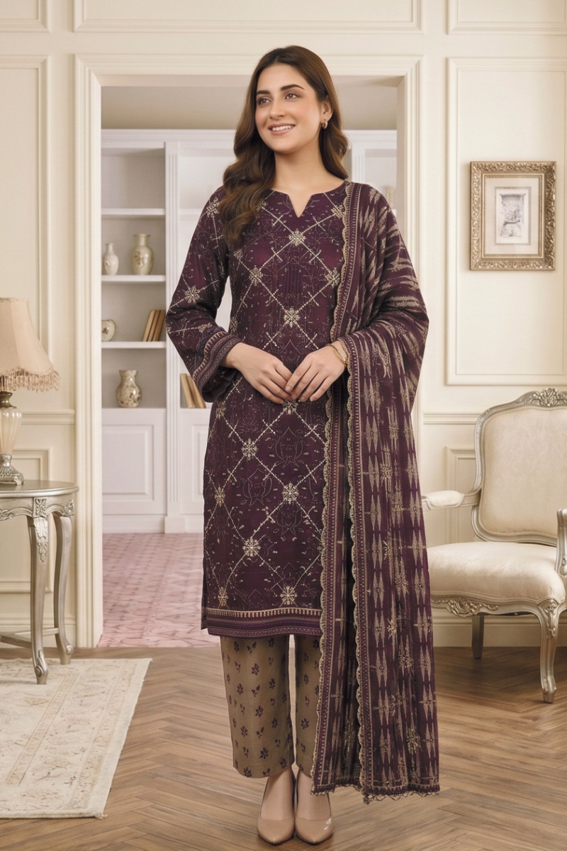 3 Pcs Lawn Suit With Lawn Dupatta  | Ready To Wear