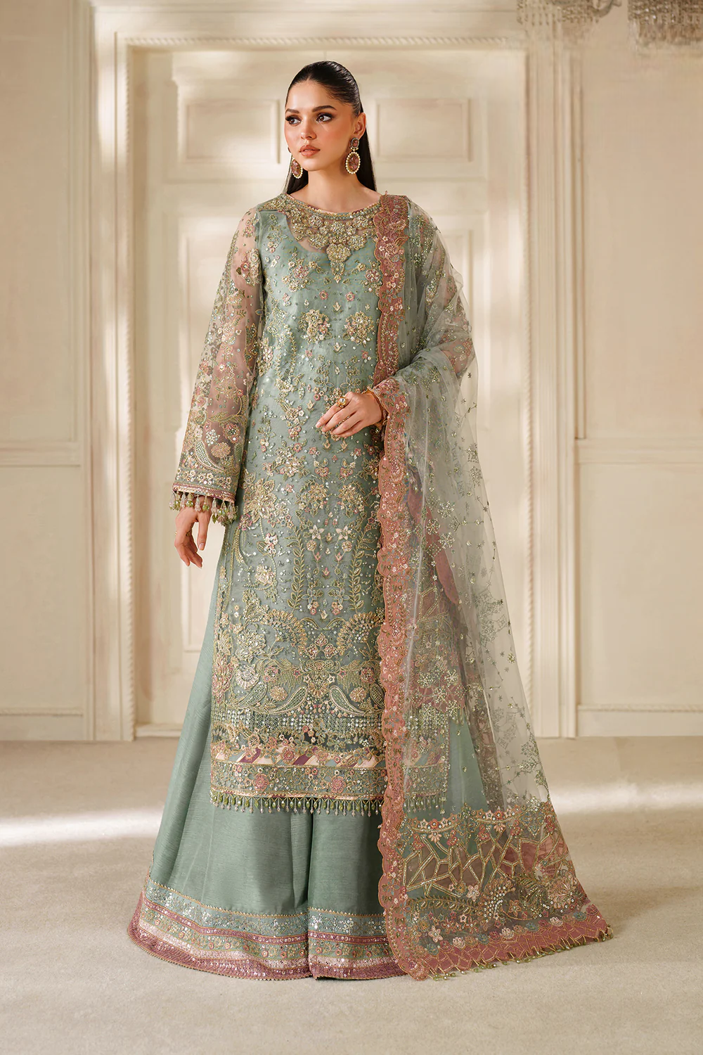 Sage Green & Dusty Rose Accent: Embroidered Chiffon Suit | Read To Wear