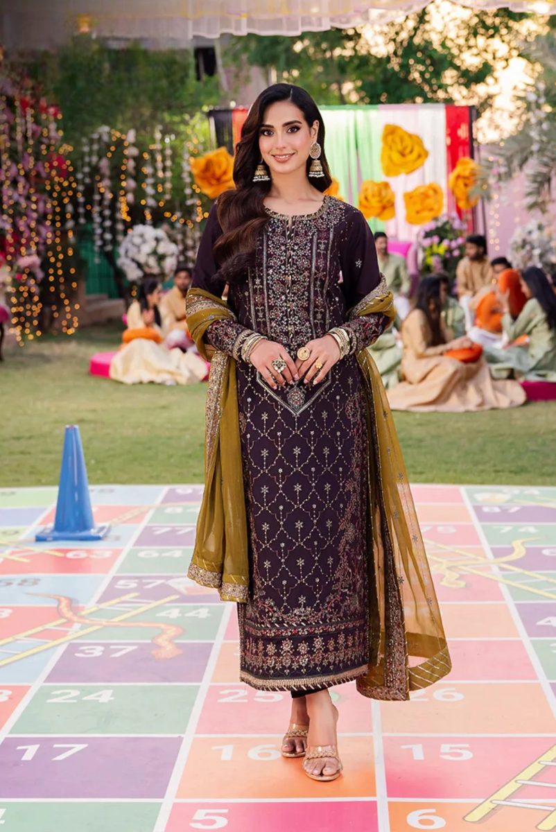 Deep Plum & Olive Gold: Embroidered Chiffon Suit | Ready To Wear
