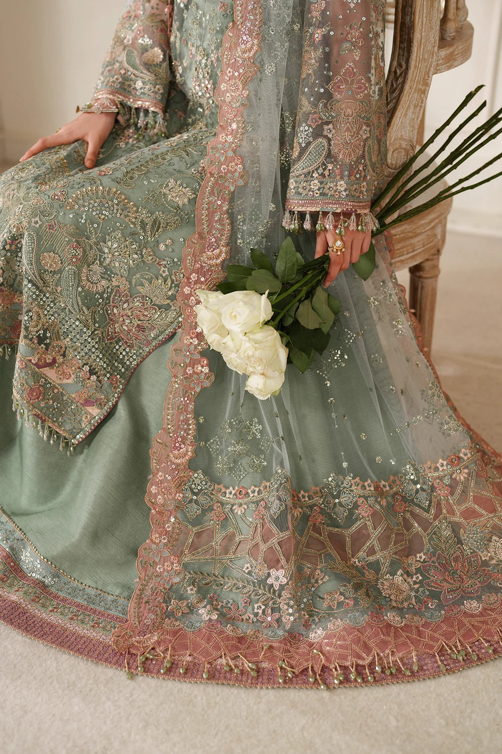 Sage Green & Dusty Rose Accent: Embroidered Chiffon Suit | Read To Wear
