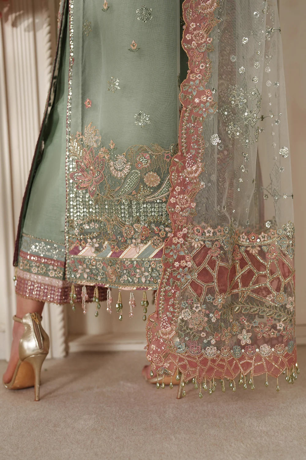Sage Green & Dusty Rose Accent: Embroidered Chiffon Suit | Read To Wear