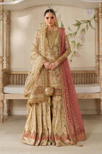 Champagne Gold & Soft Coral: Embroidered Bridal Chiffon Suit | Ready To Wear