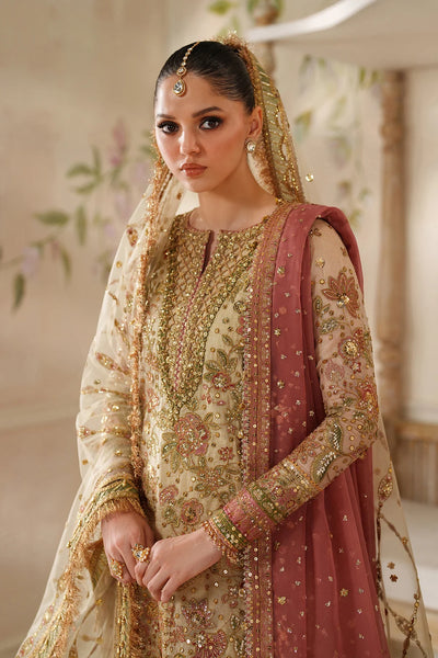 Champagne Gold & Soft Coral: Embroidered Bridal Chiffon Suit | Ready To Wear