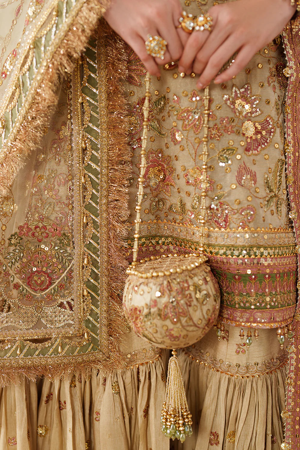 Champagne Gold & Soft Coral: Embroidered Bridal Chiffon Suit | Ready To Wear