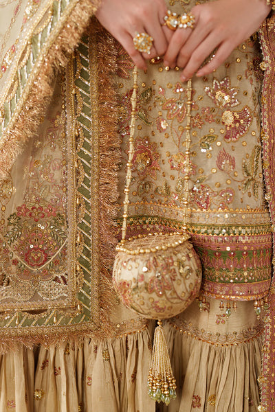 Champagne Gold & Soft Coral: Embroidered Bridal Chiffon Suit | Ready To Wear