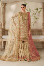 Champagne Gold & Soft Coral: Embroidered Bridal Chiffon Suit | Ready To Wear