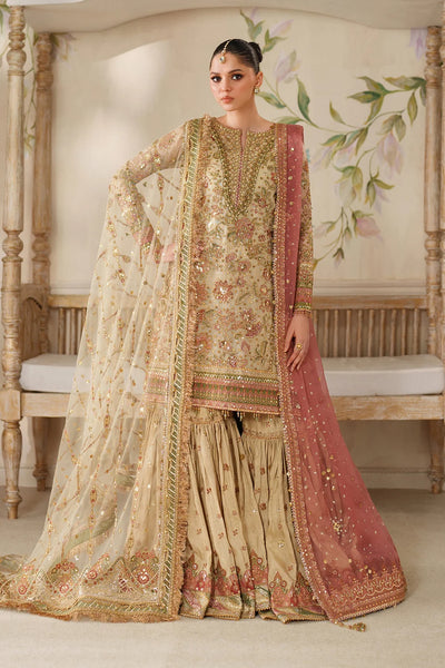 Champagne Gold & Soft Coral: Embroidered Bridal Chiffon Suit | Ready To Wear