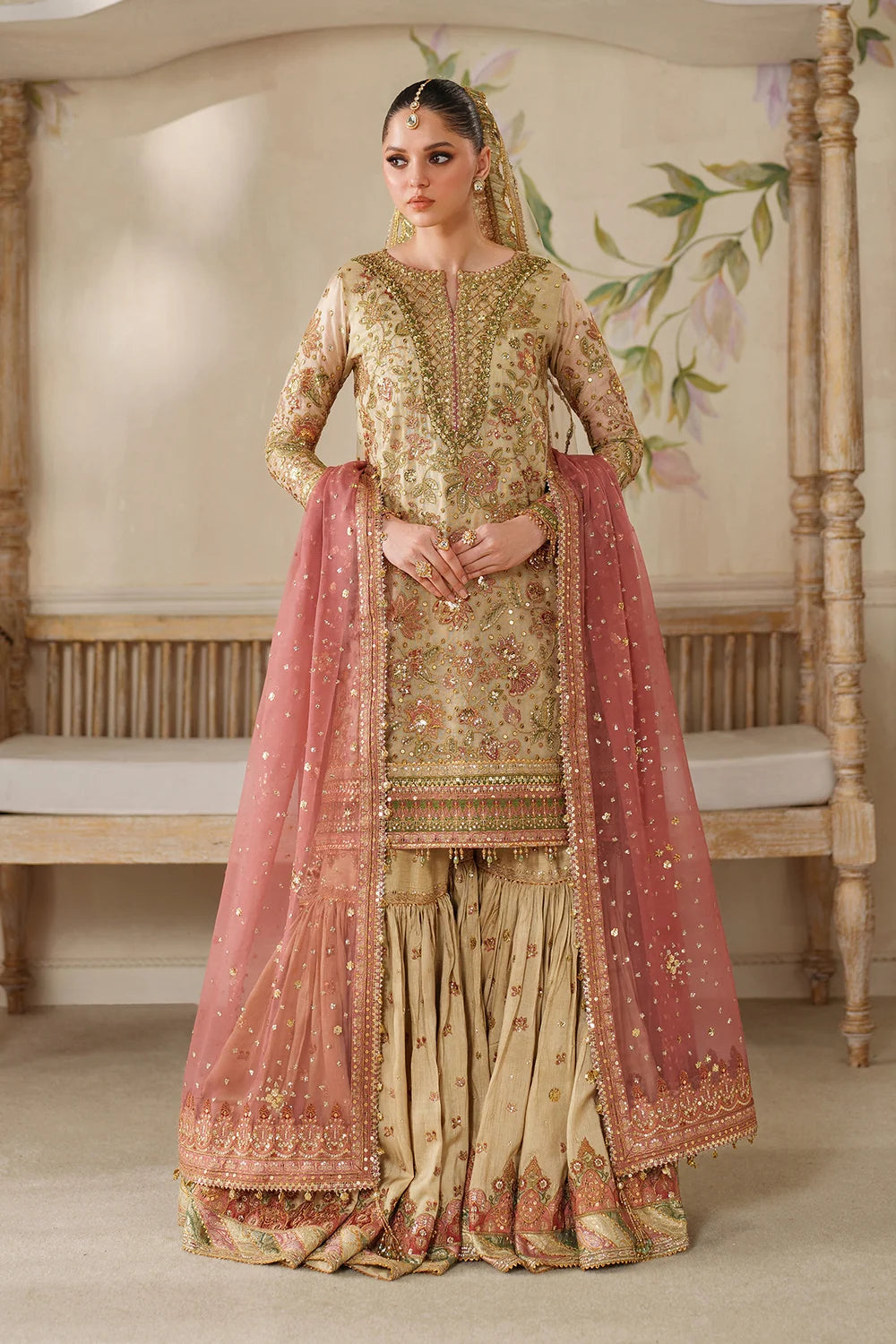 Champagne Gold & Soft Coral: Embroidered Bridal Chiffon Suit | Ready To Wear