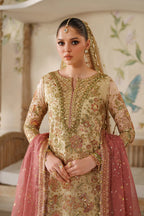 Champagne Gold & Soft Coral: Embroidered Bridal Chiffon Suit | Ready To Wear