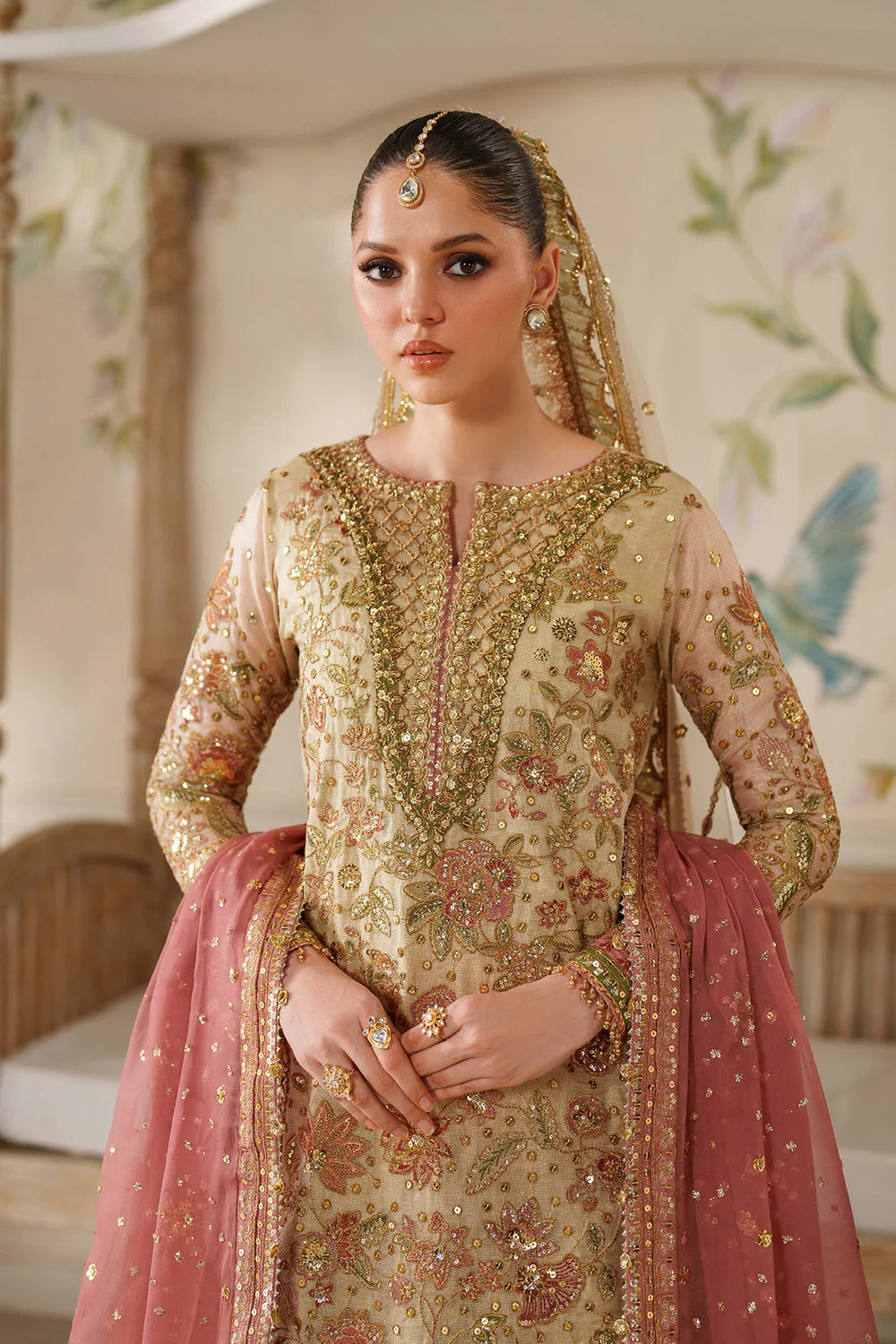 Champagne Gold & Soft Coral: Embroidered Bridal Chiffon Suit | Ready To Wear