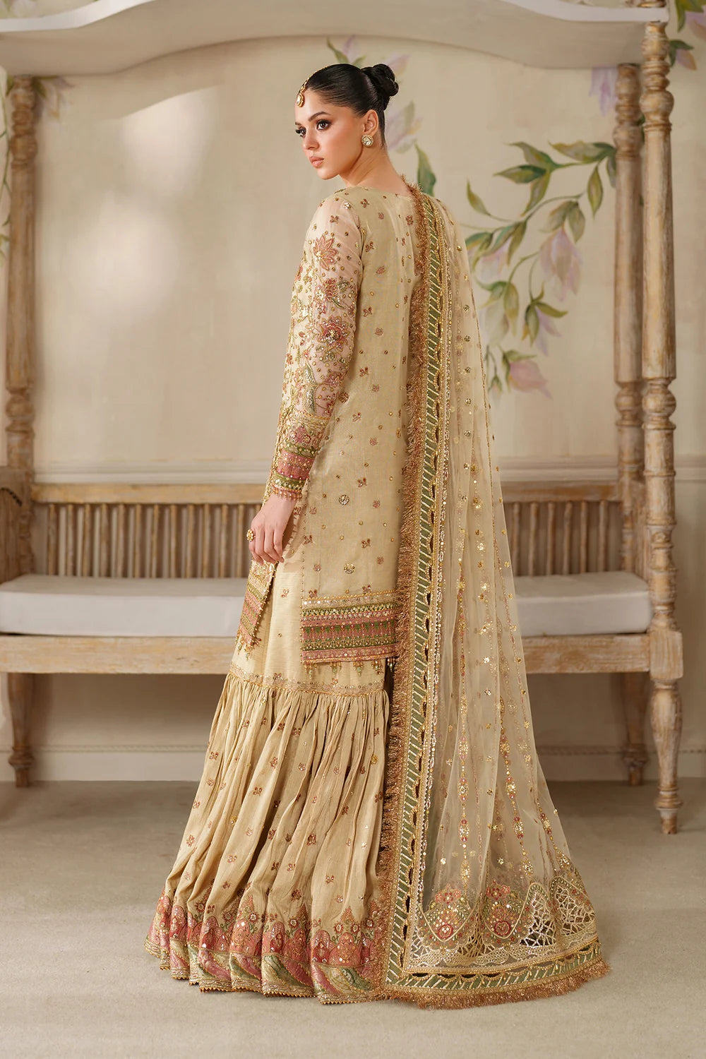 Champagne Gold & Soft Coral: Embroidered Bridal Chiffon Suit | Ready To Wear