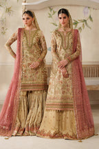 Champagne Gold & Soft Coral: Embroidered Bridal Chiffon Suit | Ready To Wear
