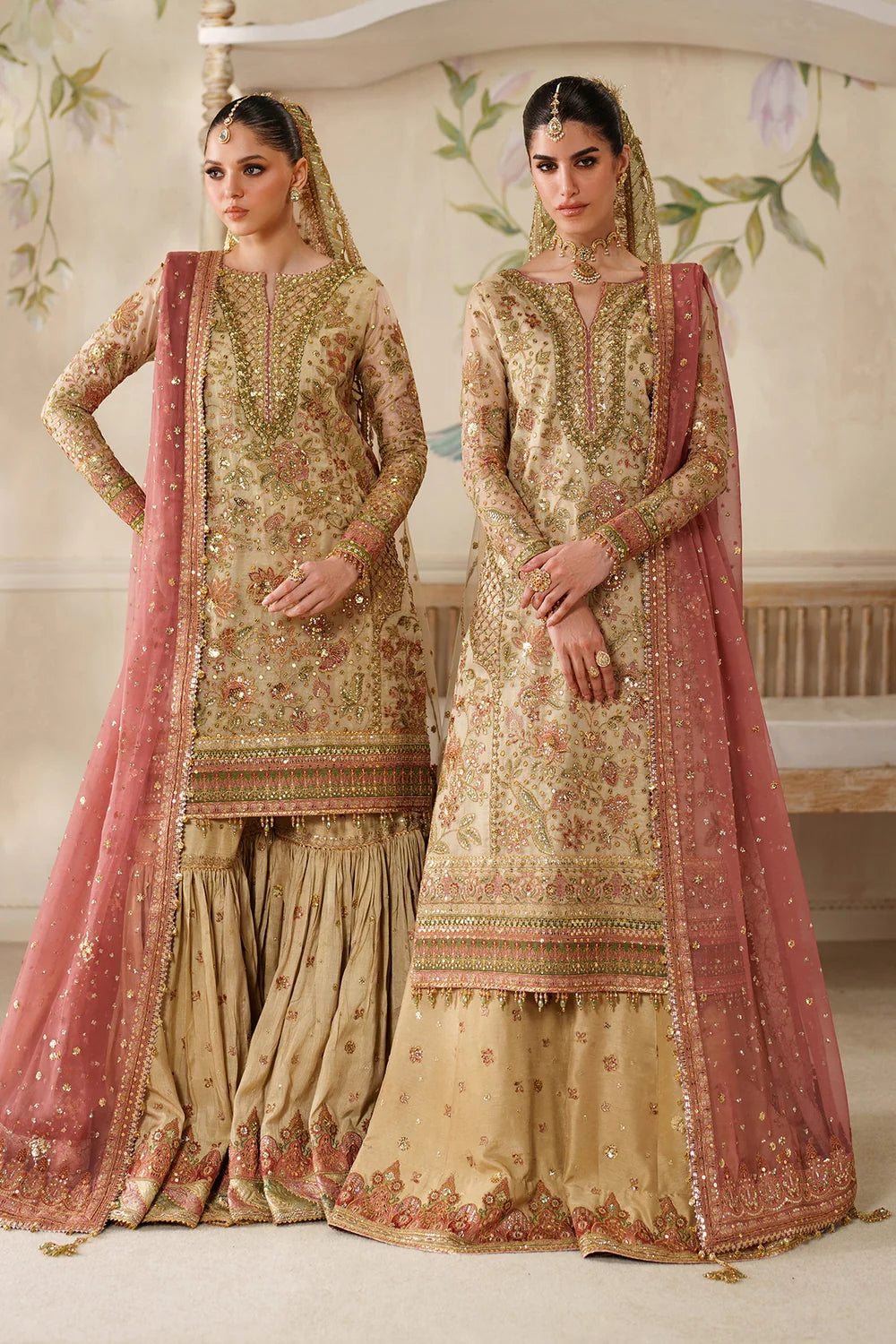 Champagne Gold & Soft Coral: Embroidered Bridal Chiffon Suit | Ready To Wear