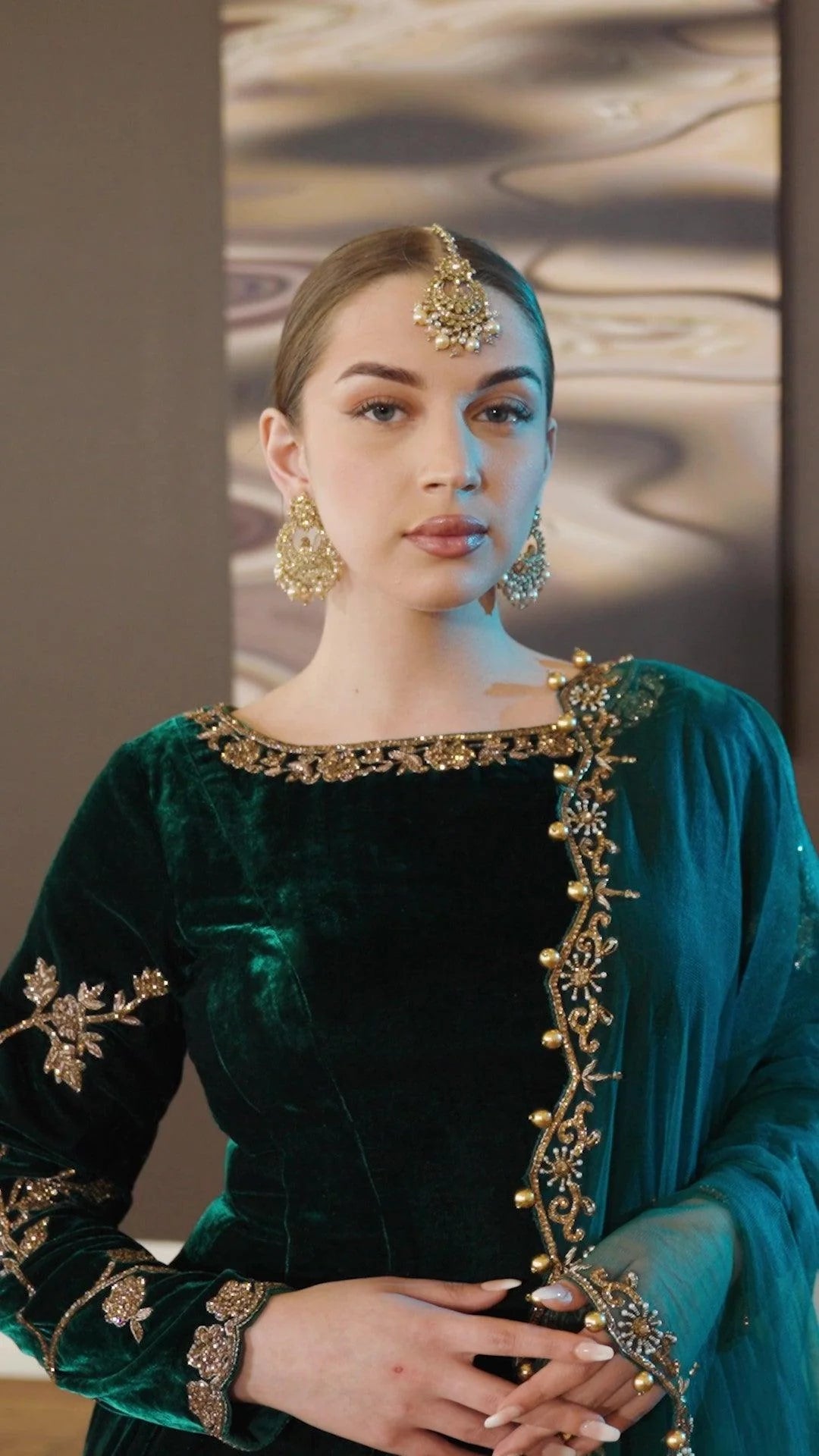 Emerald Green & Gold: Flared Velvet Frock | Ready To Wear