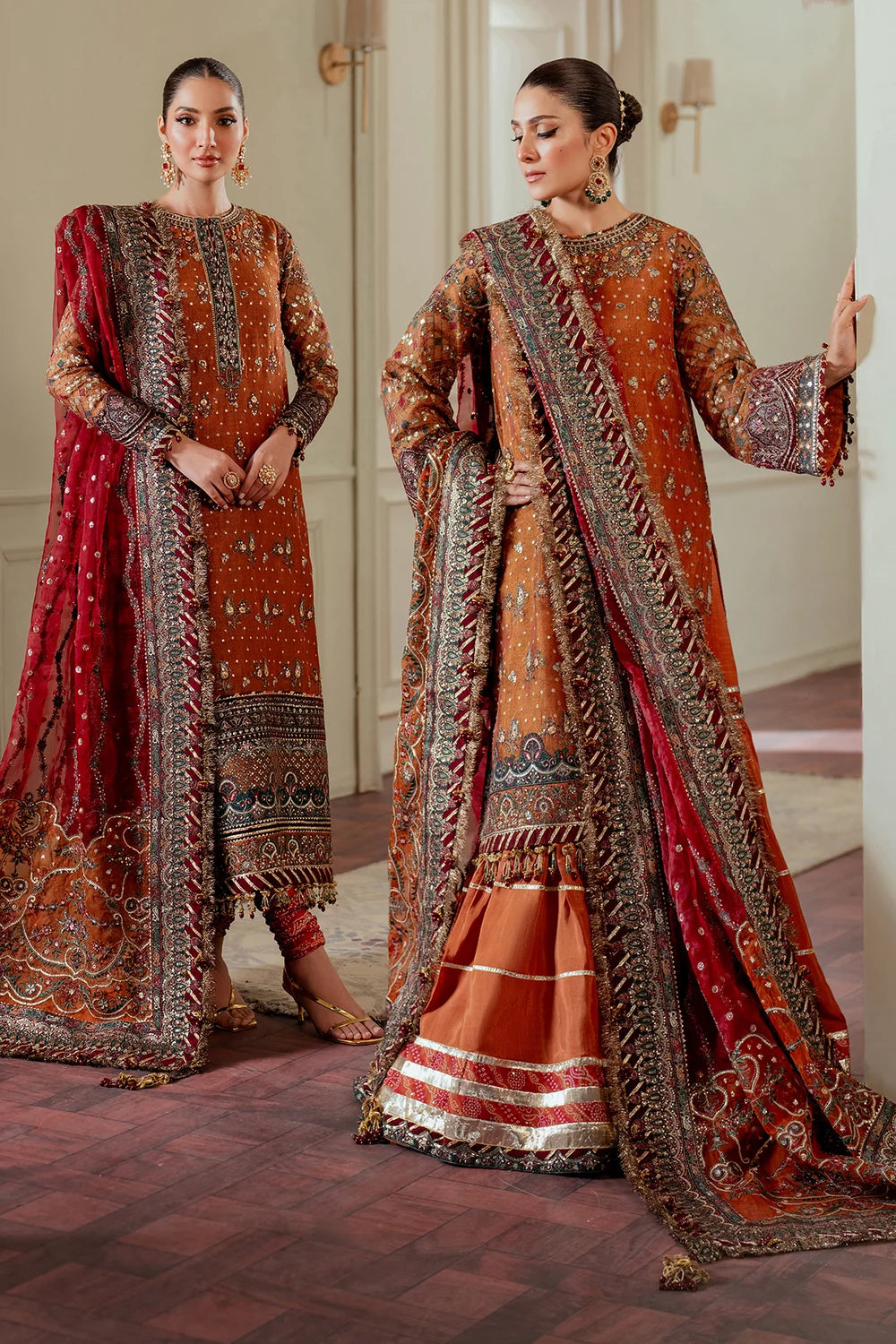 Rust Orange & Deep Maroon: Embroidered Chiffon Suit | Ready To Wear