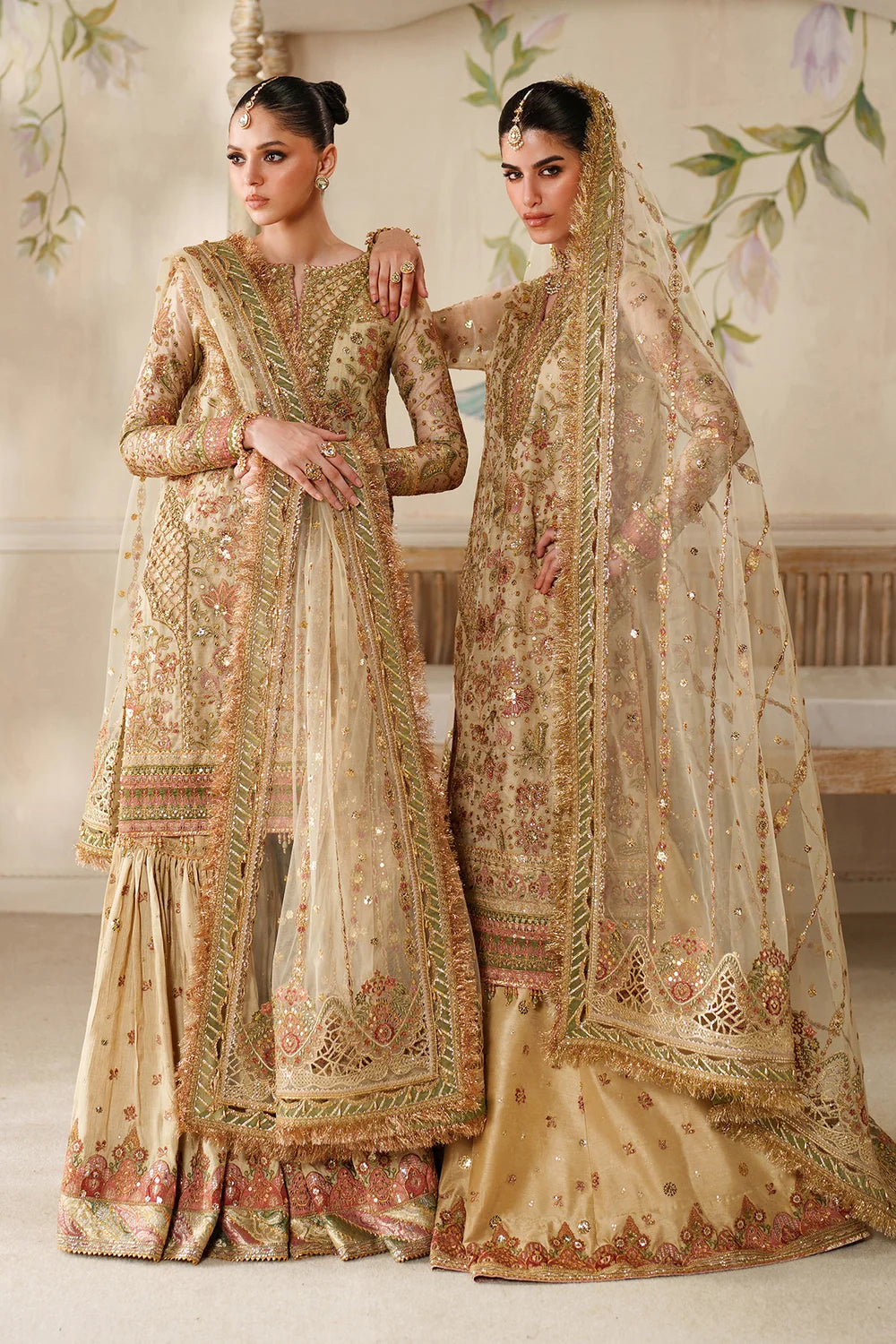 Champagne Gold & Soft Coral: Embroidered Bridal Chiffon Suit | Ready To Wear