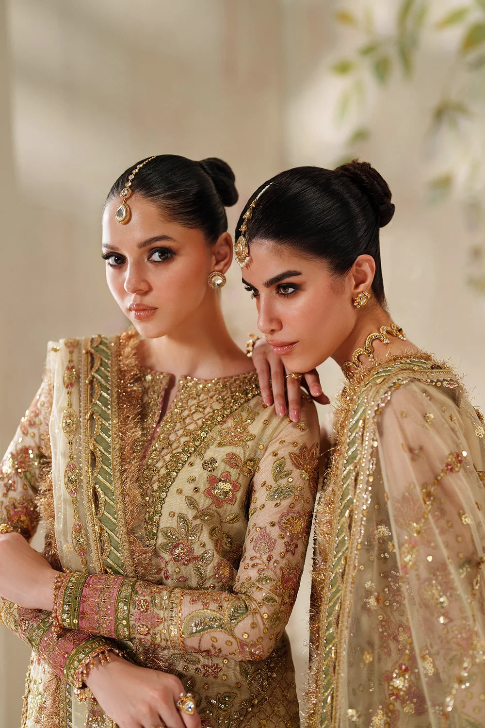 Champagne Gold & Soft Coral: Embroidered Bridal Chiffon Suit | Ready To Wear