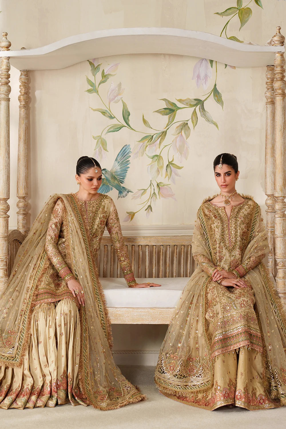 Champagne Gold & Soft Coral: Embroidered Bridal Chiffon Suit | Ready To Wear
