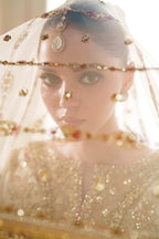 Champagne Gold & Soft Coral: Embroidered Bridal Chiffon Suit | Ready To Wear